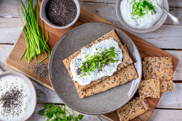 istock Crispbread, fresh curd, herbs and chia seeds 1466427109