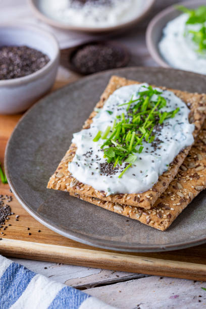 istock Crispbread, fresh curd, herbs and chia seeds 1466427130