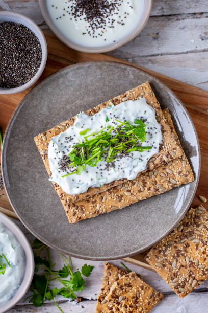 istock Crispbread, fresh curd, herbs and chia seeds 1466427159