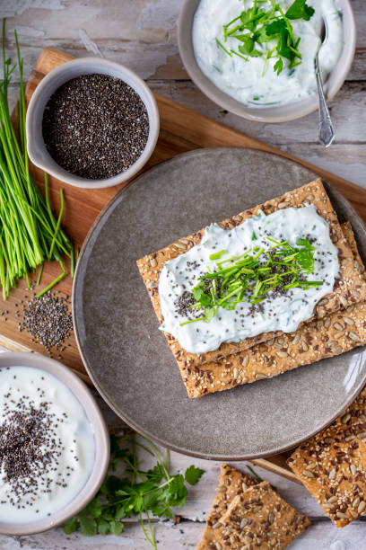 istock Crispbread, fresh curd, herbs and chia seeds 1466427236