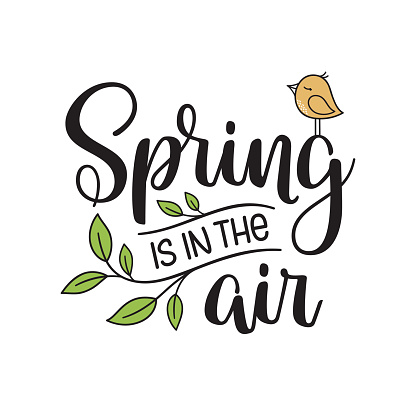 Spring is in the air hand lettering composition with new leaves and cute little bird