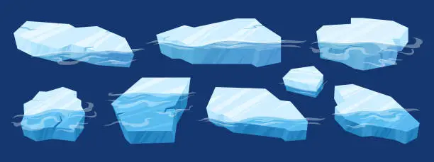 Vector illustration of Floating ice. Cartoon frozen blocks of ice, arctic glaciers and icebergs pieces. Ice crystals floating in water flat vector illustration set