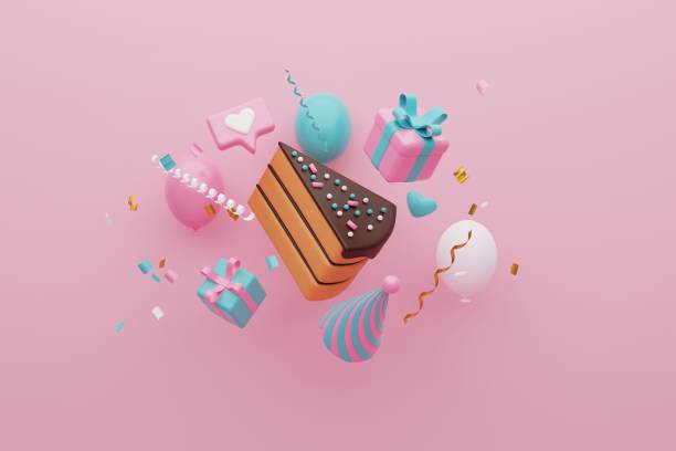 istock Festive background. Pastel pink and blue cake,  gift boxes on light pink background. 3D rendering 1466429284