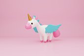 3d rendering illustration with cute unicorn on light pink background