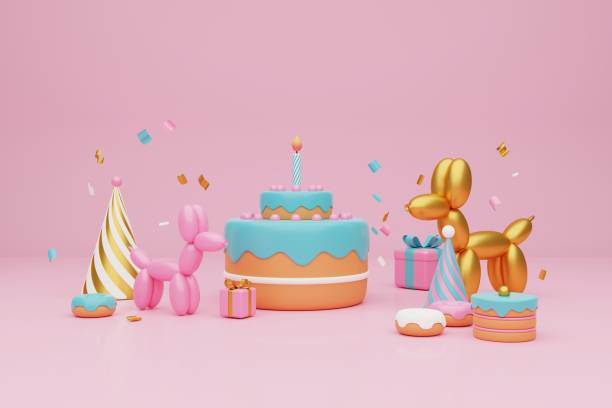 istock Festive background. Pastel pink and blue cake,  gift boxes on light pink background. 3D rendering 1466429425