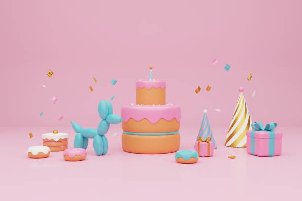 istock Festive background. Pastel pink and blue cake,  gift boxes on light pink background. 3D rendering 1466429427