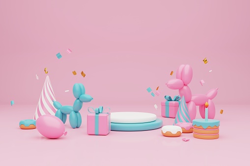 3D rendering. Pastel pink and blue cake,  gift boxes on light pink background.