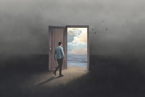 Illustration of open dreams door, surreal abstract concept