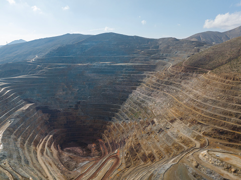 Aerial view of Open-pit iron mine in  Kayseri, Turkey. Taken via drone.