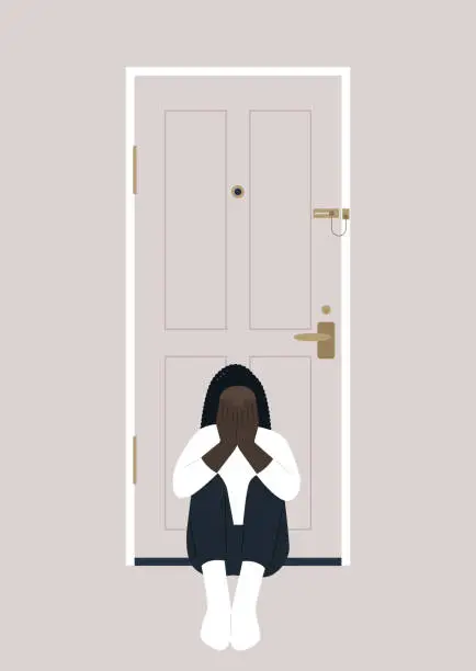 Vector illustration of A young character sitting on the floor with their back turned to the entrance door