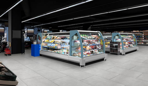 supermarket deli multideck island fridge - cheese counter supermarket bildbanksfoton och bilder