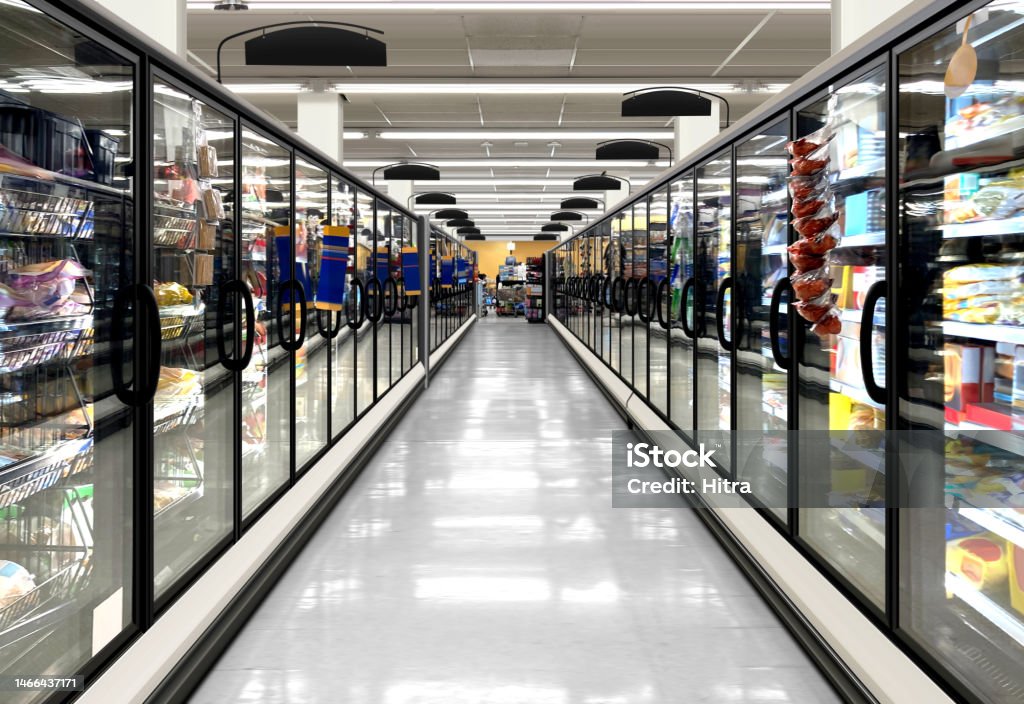 Supermarket fridge glass door cabinets Mockup and illustration is suitable for presenting new packagings among many others, product and promo presentations in supermarket Supermarket Stock Photo