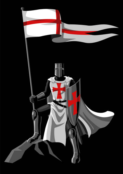 Templar Knight holding a flag and shield Simple flat vector illustration of Templar Knight holding a flag and shield knights templar stock illustrations