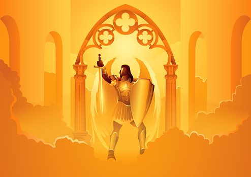 Fantasy art vector illustration series, Hadraniel the angel assigned as gatekeeper at the second gate in heaven