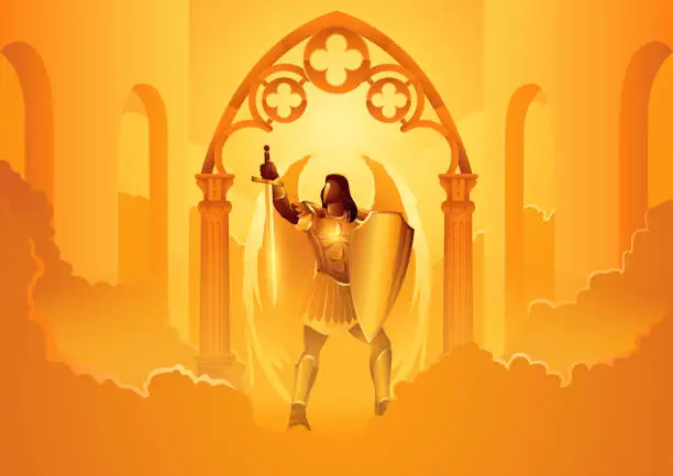 Vector illustration of Hadraniel the angel assigned as gatekeeper at the second gate in heaven