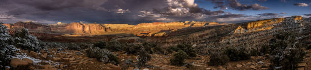 istock Sweeping View of Capitol Reef With Light Snow at Sunset Panorama 1466438296
