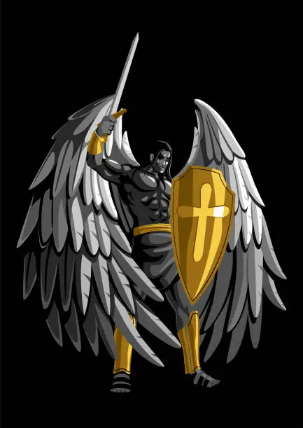 Vector illustration of Archangel with sword and shield