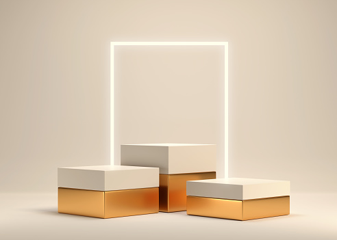 cube podium display for product and presentation with a light frame, minimal style, 3D rendering