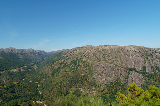 Arcos de Valdevez, Portugal-August 19, 2021: view of Nossa Senhora de Peneda and Baleiral village from Tribo viewpoint. The Peneda-Gerês National Park is a national park located in northern Portugal. Created in May 1971, it is the oldest protected area and the only national park in Portugal.