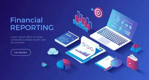 Vector illustration of Financial report. Analytics, analysis, audit, results, research. Documents, reports, graphs and charts. Isometric landing page. Vector web banner.