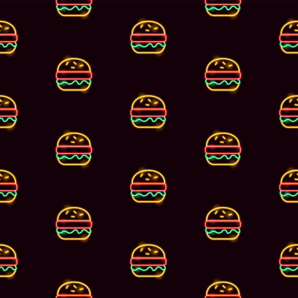 버거 네온 원활한 패턴 - hamburger bun barbecue sign stock illustrations