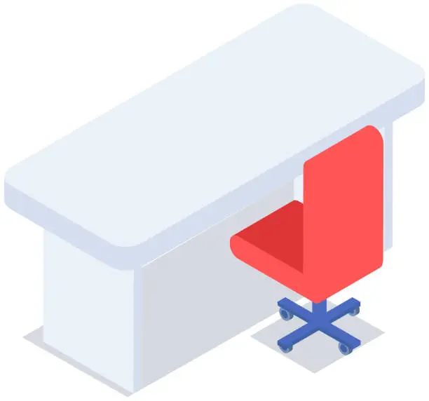 Vector illustration of Empty office red leather chair and white desk, modern workspace. Employment, vacancy and hiring job