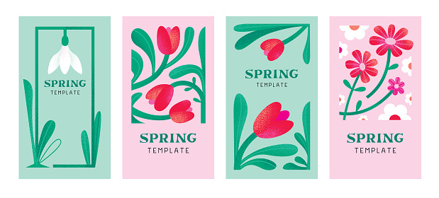 Collection of floral templates with textured spring flowers and copy space. Editable vectors on layers.