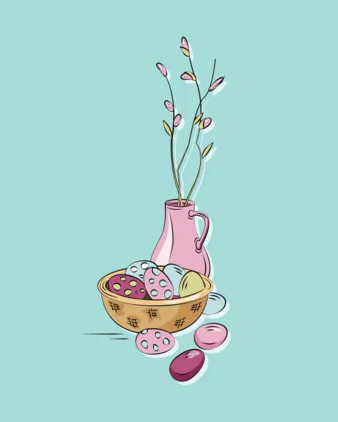 Vector illustration of A jug with willow twigs and Easter eggs. Easter retro postcard flat vector illustration isolated on blue background.