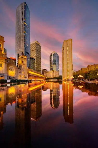 Photo of Boston skyline - Back Bay towers reflecting in pool at Christian Science Plaza