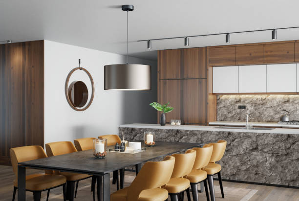 istock Modern minimalist kitchen with long island with stools. Oak wood and stone. 1466457552