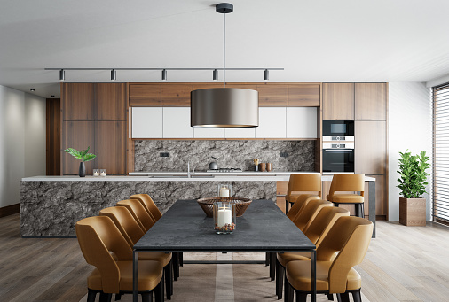 Modern and minimalist apartment interior kitchen. Kitchen with long island. Natural oak texture material with stone finish. Modern furniture. 3d renderings.