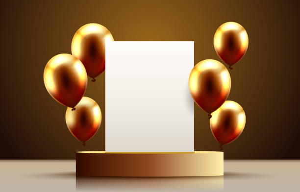 istock balloon golden podium present, celebrate happy birthday, gold platform banner. Vector 1466460076