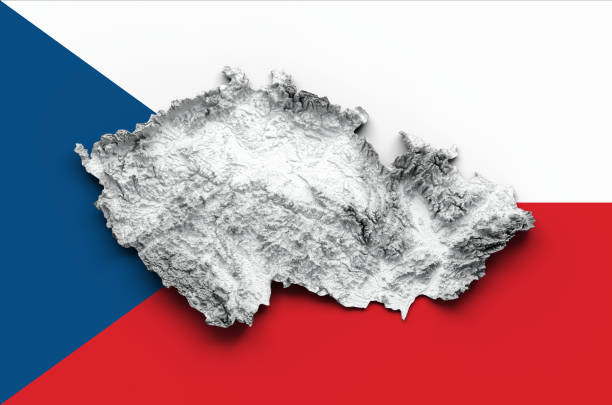 Czechia Map Czech Republic Flag Shaded relief Color Height map 3d illustration\nSource Map Data: tangrams.github.io/heightmapper/,\nSoftware Cinema 4d