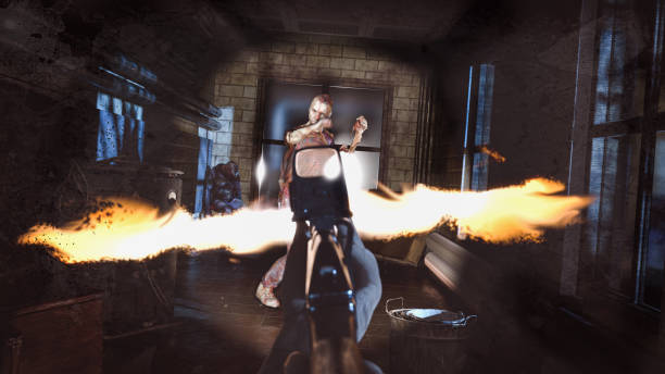 istock Zombie shooting game concept. The player shoots an ak 47 to an attacking zombie - 3d render 1466461842