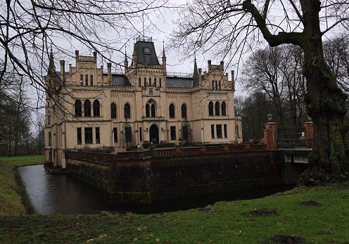 Krefeld, Germany, March 10, 2022 - Moated Linn Castle with neighboring hunting lodge, Krefeld - Linn