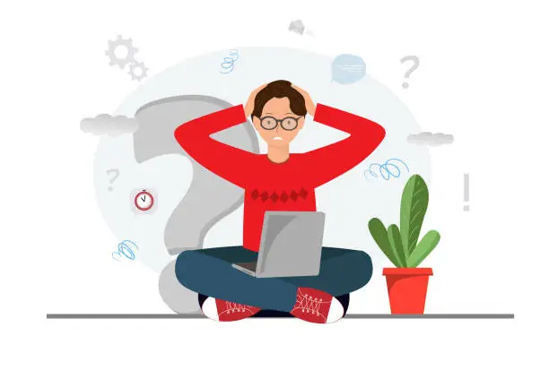 Vector illustration of Sad depressed man sitting at work and holding his head, emotional stress, anxious, mental health concept, flat vector illustration