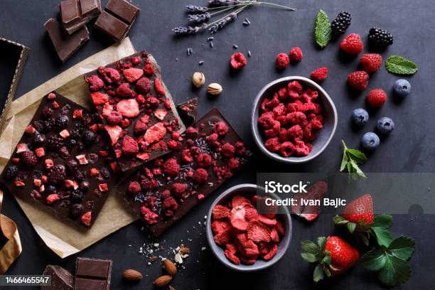 Handmade Chocolate With Lyophilized Berry Fruits Stock Photo - Download Image Now - Chocolate, Frozen, Strawberry