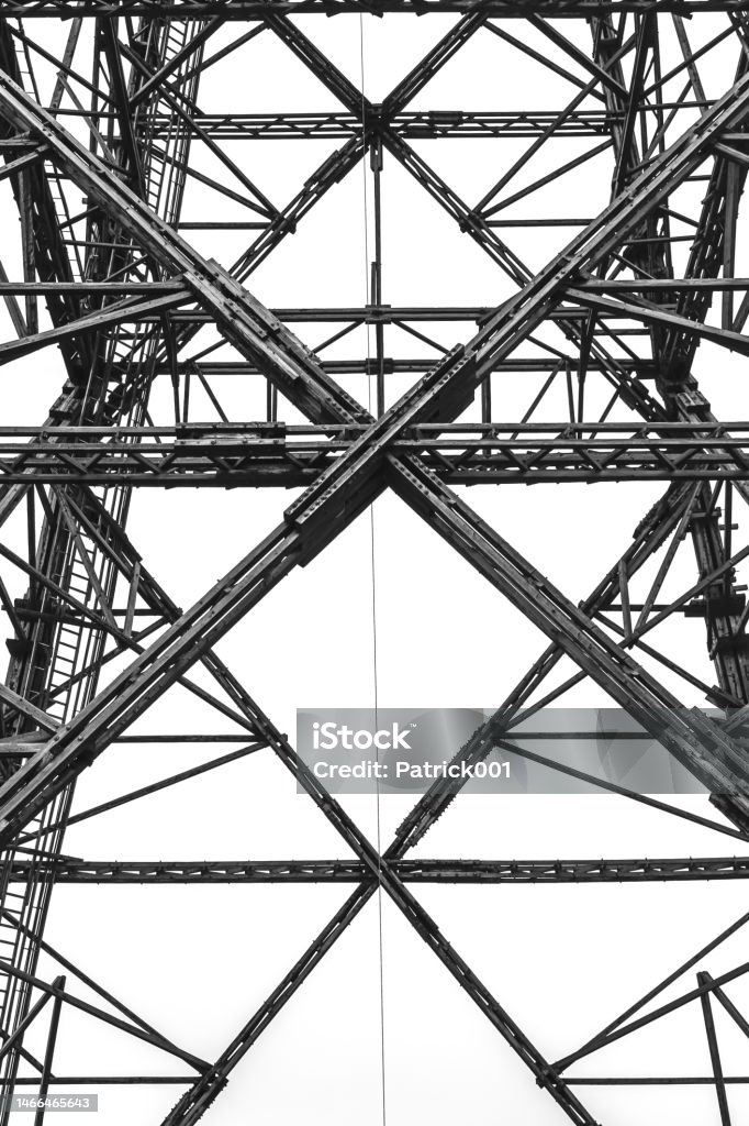 The wodden antenna tower od the Radio Station from the middle od the 1930s. Transmission tower (one od the highest wooden construction on the world). Close-up of the structure Antique Stock Photo