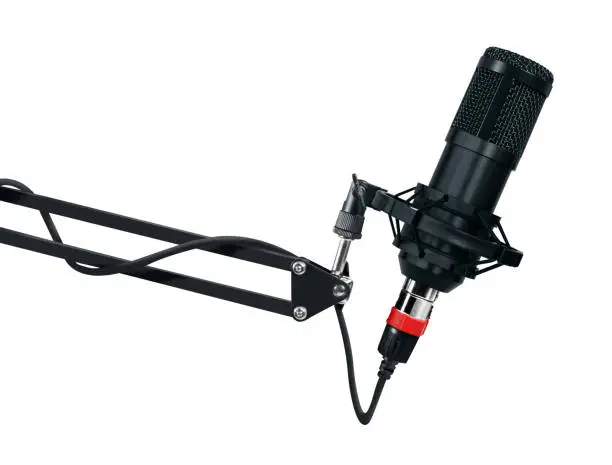 Photo of Professional microphone on a transparent white Background. Sound recording and broadcasting equipment
