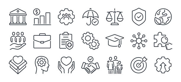 ilustrações de stock, clip art, desenhos animados e ícones de social policy editable stroke outline icons set isolated on white background flat vector illustration. pixel perfect. 64 x 64. - insurance