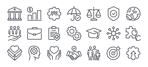 Social policy editable stroke outline icons set isolated on white background flat vector illustration. Pixel perfect. 64 x 64.