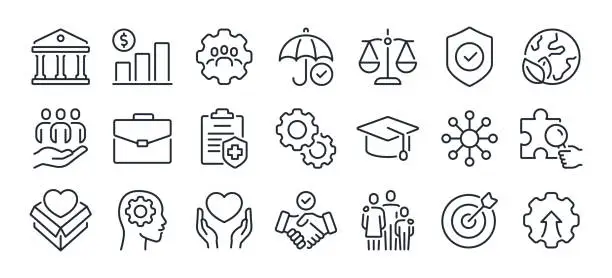 Vector illustration of Social policy editable stroke outline icons set isolated on white background flat vector illustration. Pixel perfect. 64 x 64.