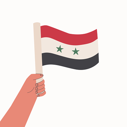 Flag of Syria. Human hand holds flag of country. Vector cartoon illustration.