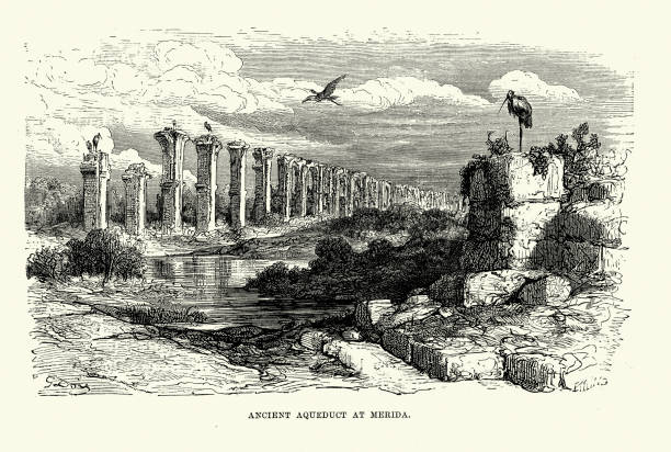 ilustraciones, imágenes clip art, dibujos animados e iconos de stock de acueducto de los milagros, antiguo acueducto romano en mérida, españa siglo 19 - roman aqueduct