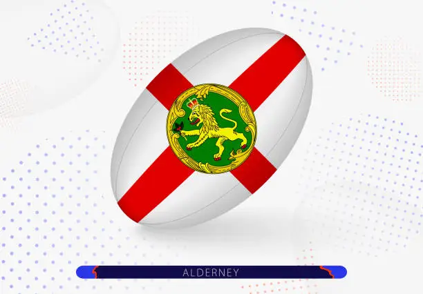 Vector illustration of Rugby ball with the flag of Alderney on it. Equipment for rugby team of Alderney.