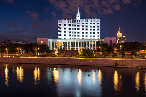 House of the government of the russian federation, White House, at summer night, Moscow, Russia. The white house is a building of the government of the Russian Federation in Moscow. Night view