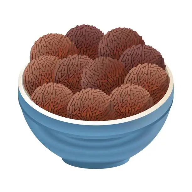 Vector illustration of Brigadeiro, traditional brazilian sweet served in bowl. Latin American food. Vector illustration isolated on white background.