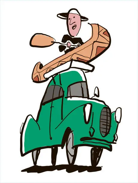 Vector illustration of Man Going on Vacation by Canoe in his Car