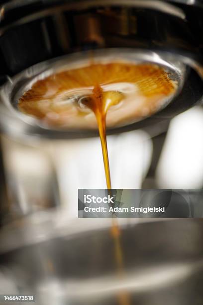 Espresso Being Poured From A Coffee Machine Stock Photo - Download Image Now - Coffee - Drink, Crema - Coffee, Backgrounds