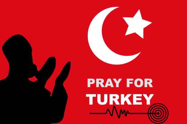 지진으로 피해를 입은 터키를 위해 기도해 주십시오. 두아와 지진 리히터 스케일 파도와 터키 국기. 지진은 한 번에 두 나라를 강타했습니다. - turkey earthquake stock illustrations